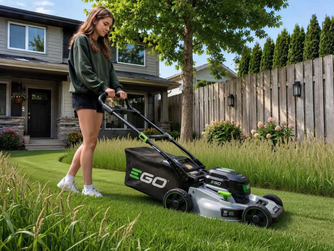 Student mowing a lawn in Richmond